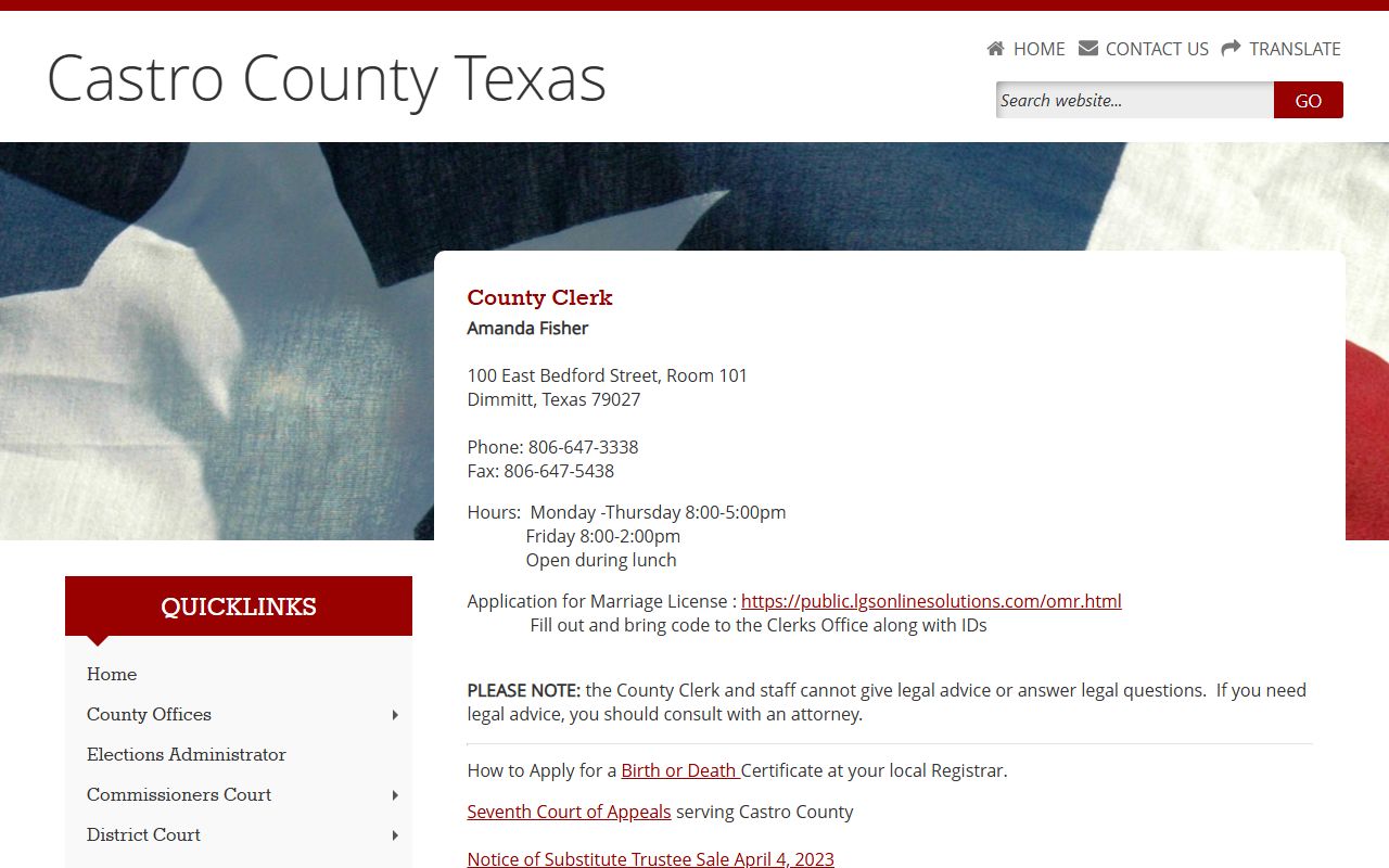 Castro County inmate records clerk contact page