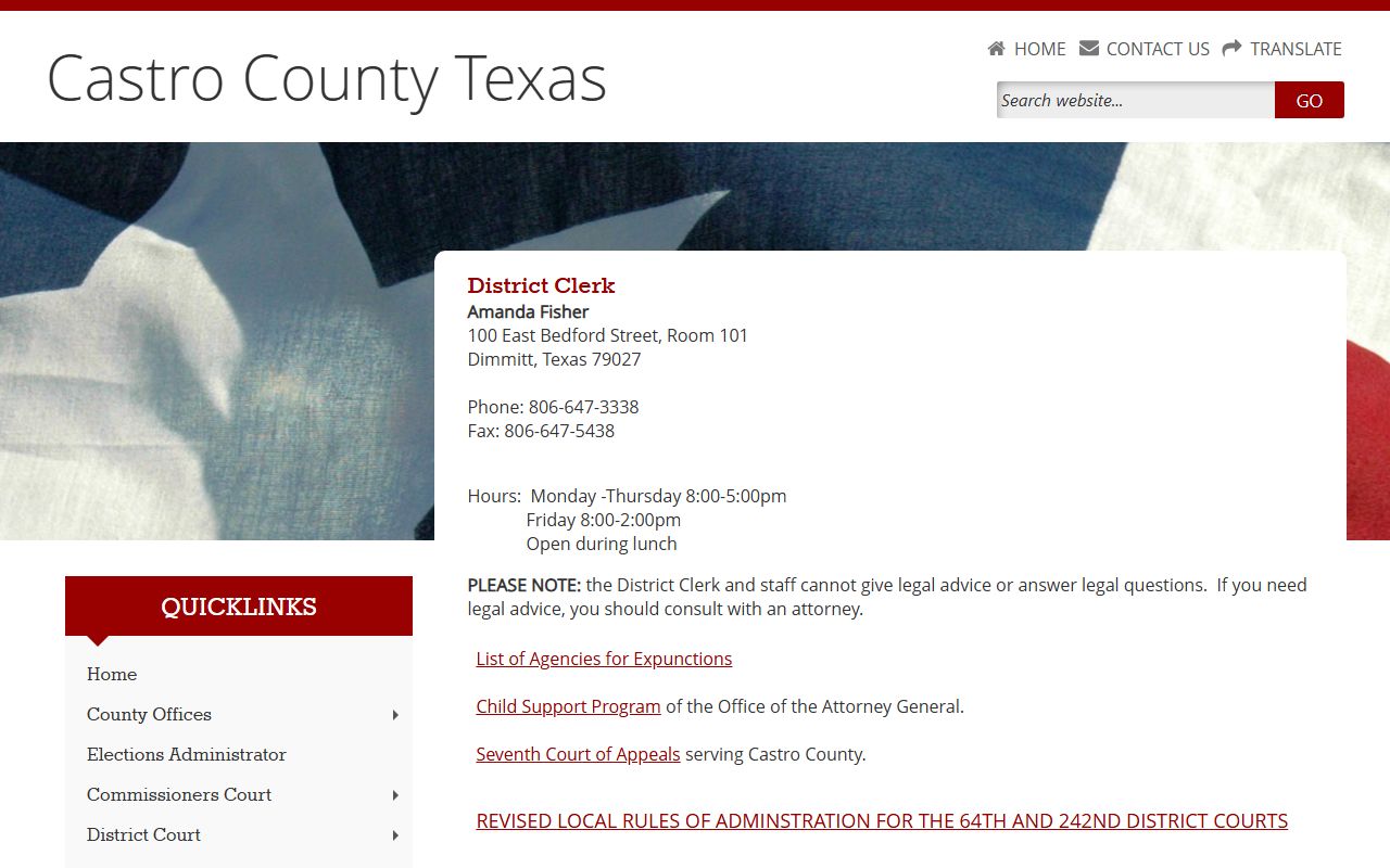 Castro County District Clerk court records contact page